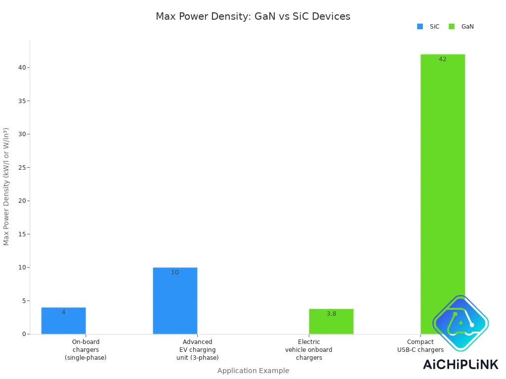 Grouped bar chart comparing maximum power densities of GaN and SiC devices across applications