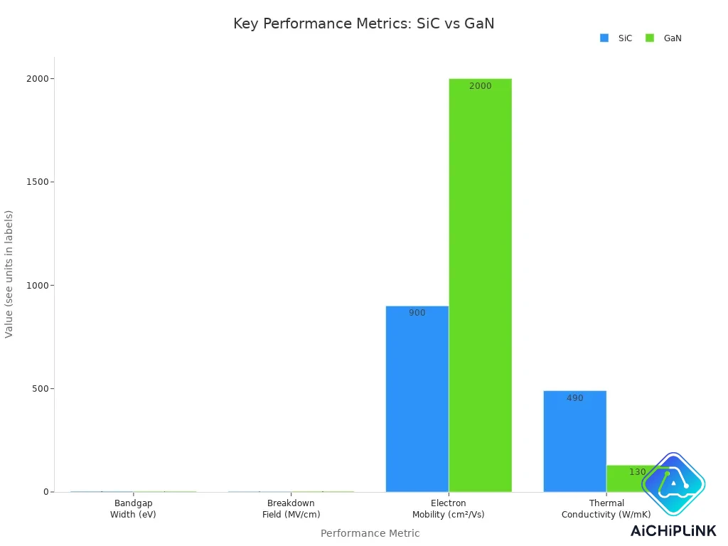 Grouped bar chart comparing SiC and GaN across four performance metrics