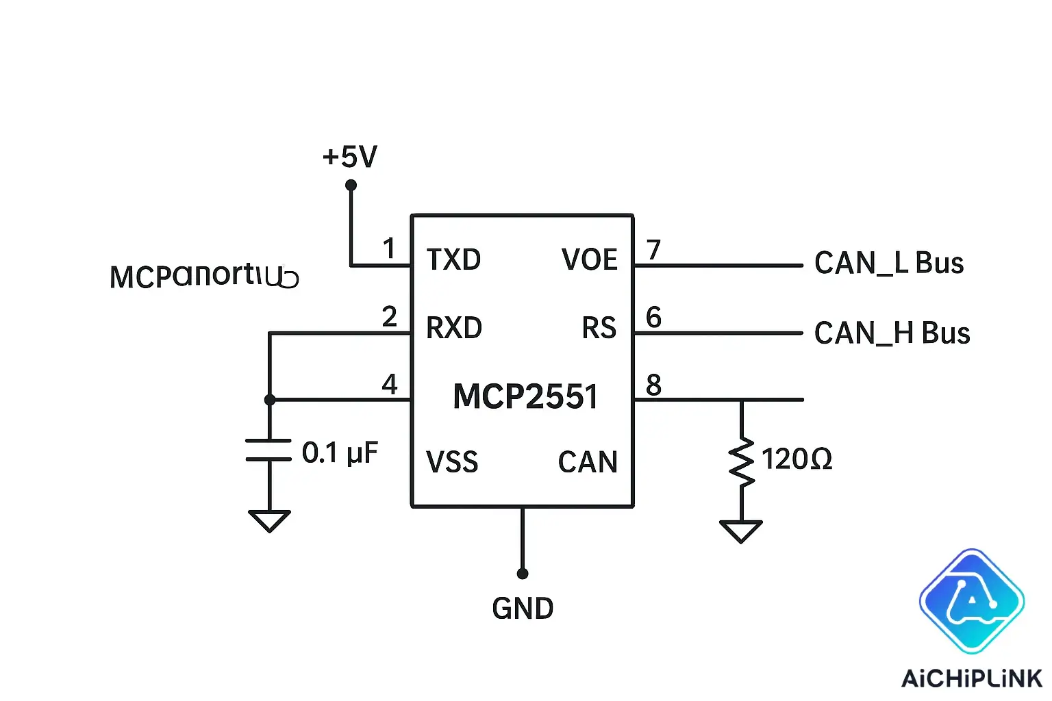 Basic MCP2551 circuit schematic with component values