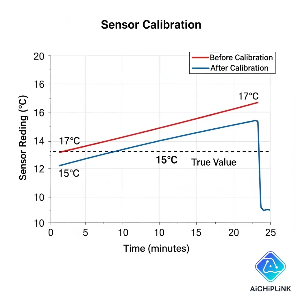 Graph showing the improved accuracy of a gas sensor's output after calibration.