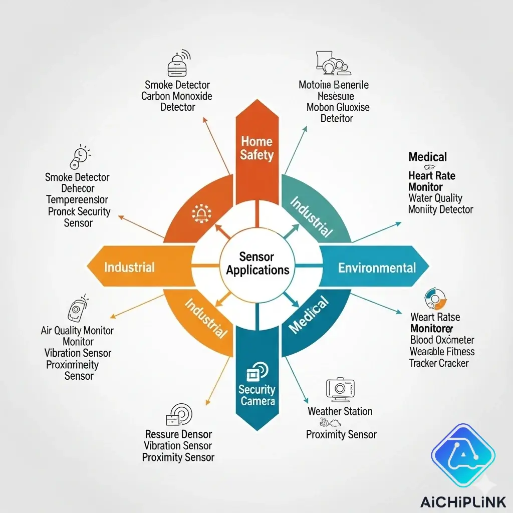 Infographic of gas sensor applications, including icons for a house (CO detector), a factory (worker safety), a leaf (air quality), and a hospital (anesthetic gas monitoring).