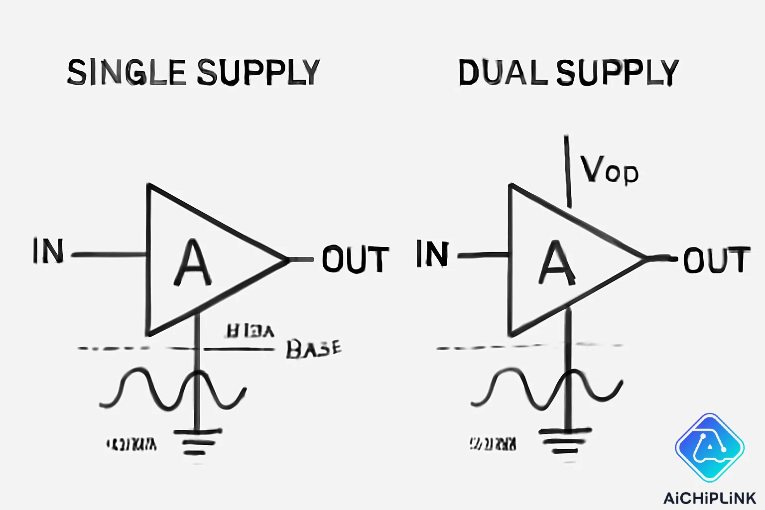 Comparison of single supply vs dual supply buffer configurations showing signal ranges and biasing