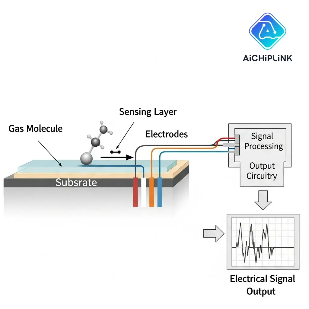 Basic diagram of a gas sensor showing a gas molecule landing on a sensing surface, causing a change that is converted into an electrical signal.