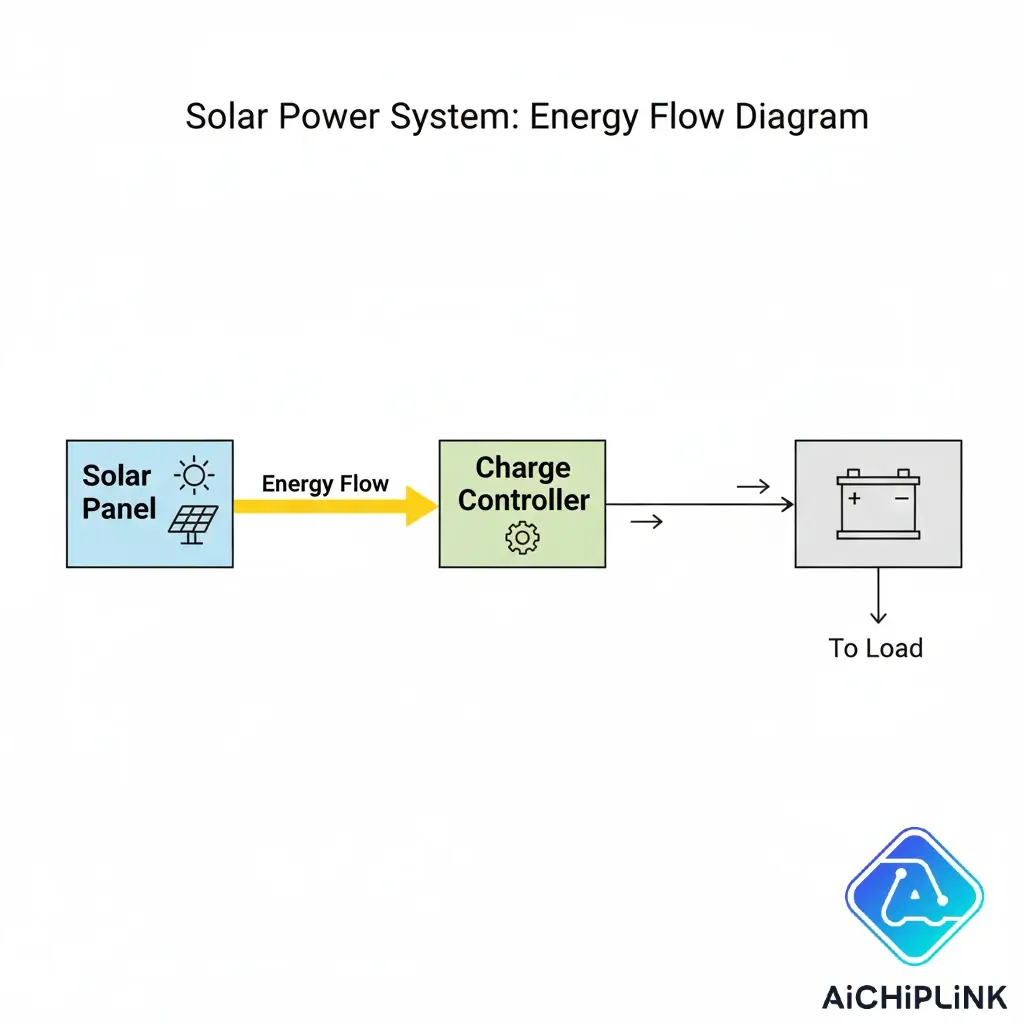 Diagram of a basic solar power system highlighting the central role of the solar charge controller between the panel and battery.