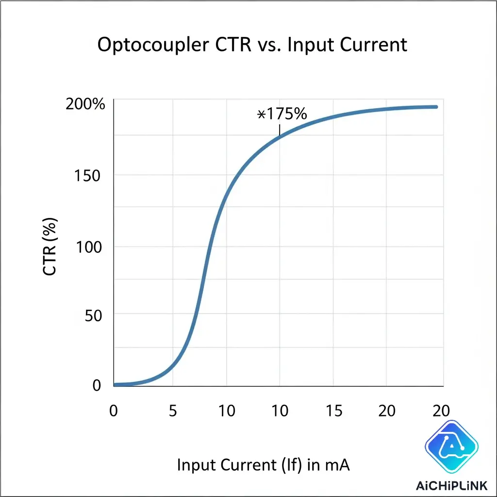 A graph showing the non-linear relationship between an optocoupler's Current Transfer Ratio (CTR) and its input forward current.