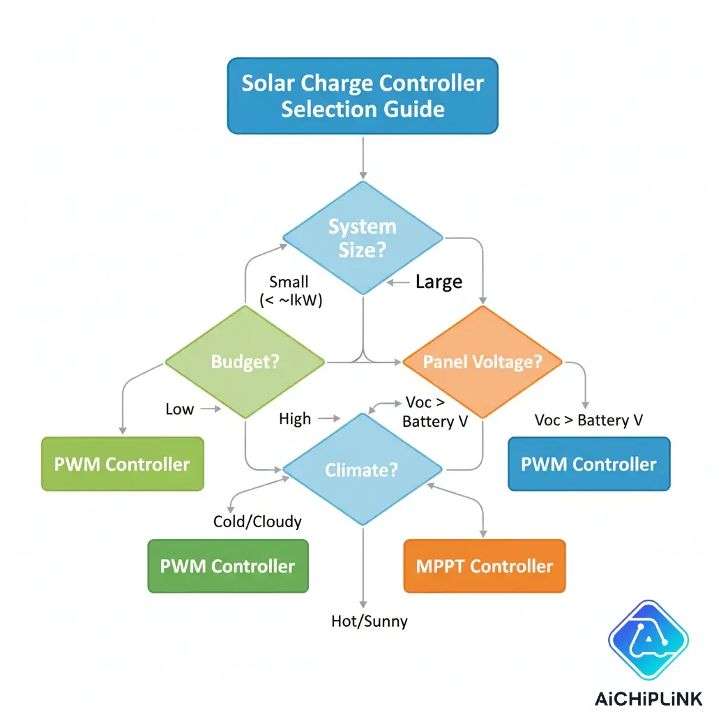 A flowchart to help choose between a PWM and MPPT solar charge controller.