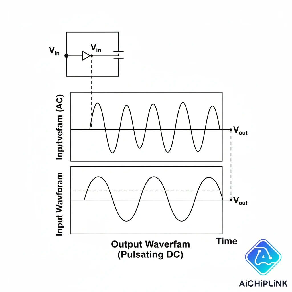 Circuit and waveforms for a half-wave rectifier, illustrating its simple design and inefficient output.