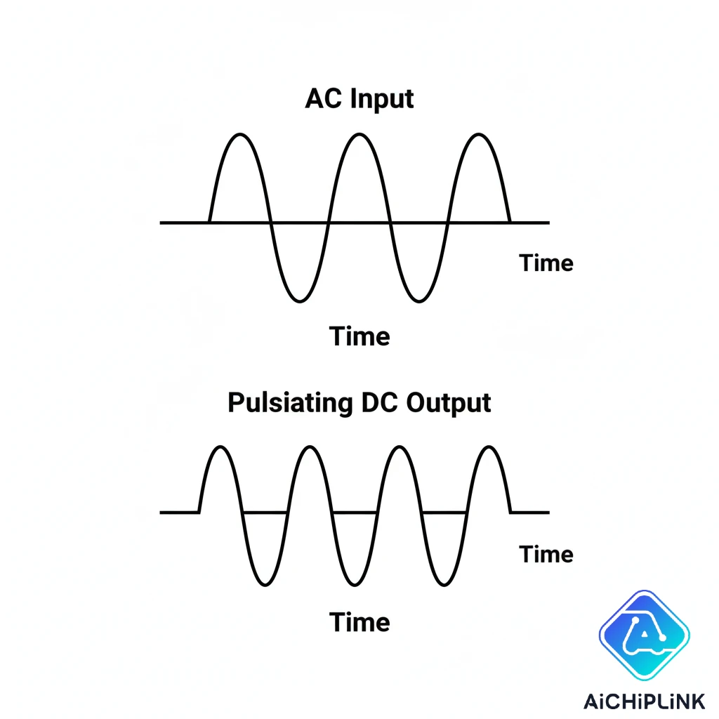 Waveform diagram illustrating the conversion of a bidirectional AC sine wave into a unidirectional pulsating DC wave by a rectifier circuit.