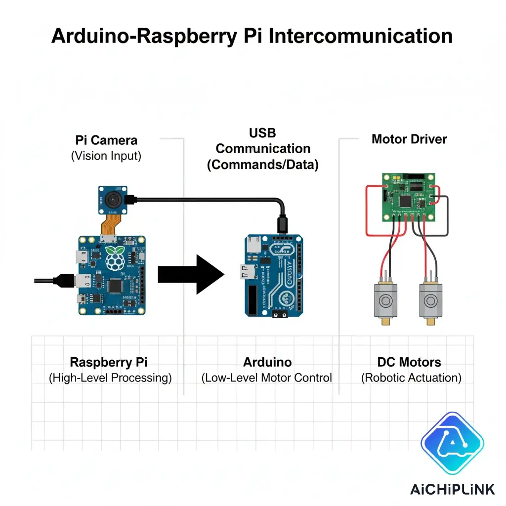 Diagram showing the symbiotic relationship of a Raspberry Pi (brain) and Arduino (muscles) in a robotics project.