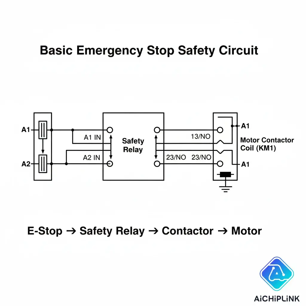 E-Stop wiring diagram using a dual-channel safety relay to control a motor contactor.