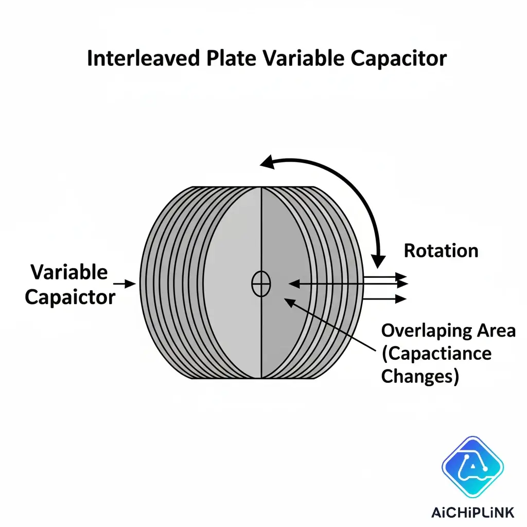 Diagram illustrating the operating principle of a variable capacitor, showing how the rotor plates moving relative to the stator plates changes the effective capacitance.