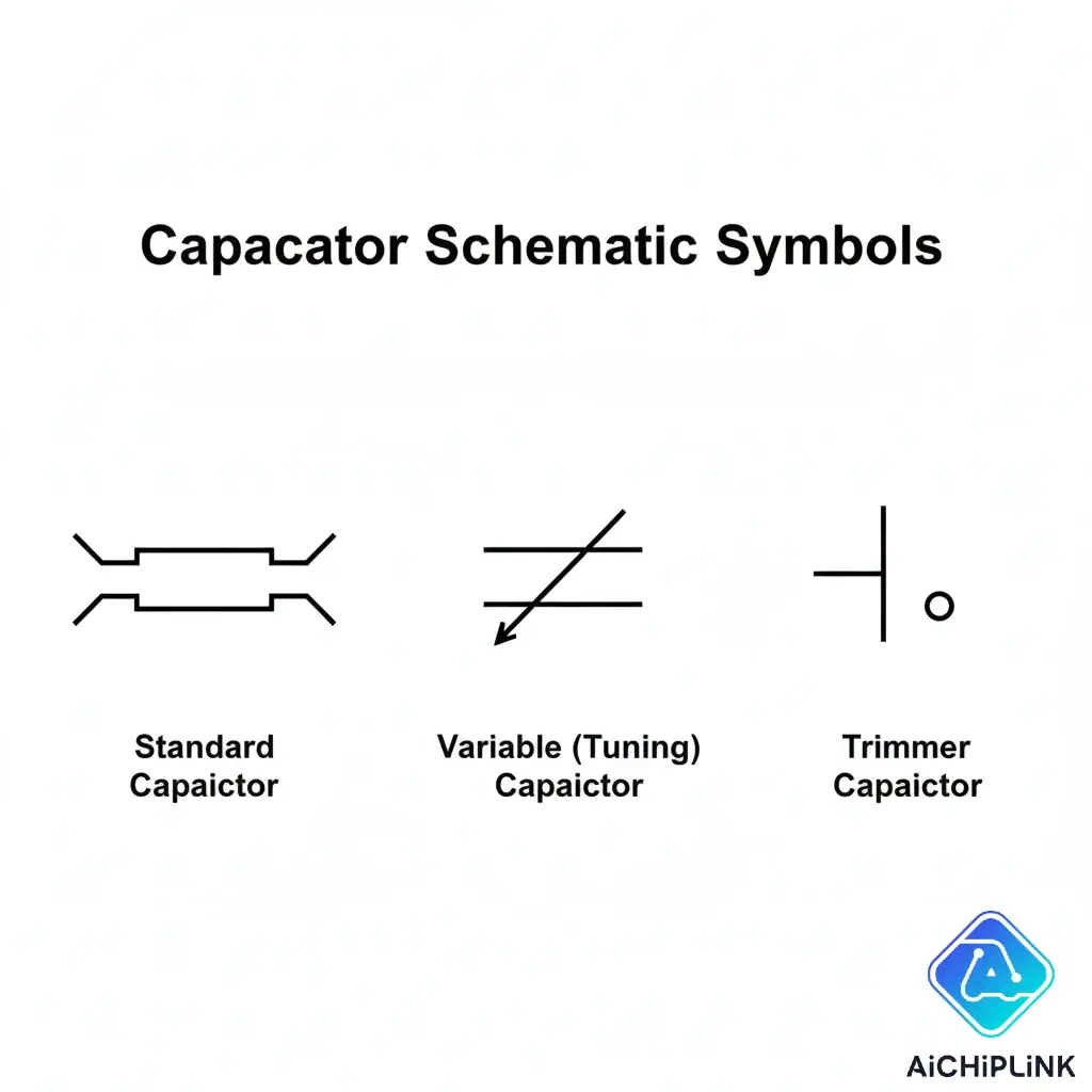 Schematic symbols for fixed, variable, and trimmer capacitors.