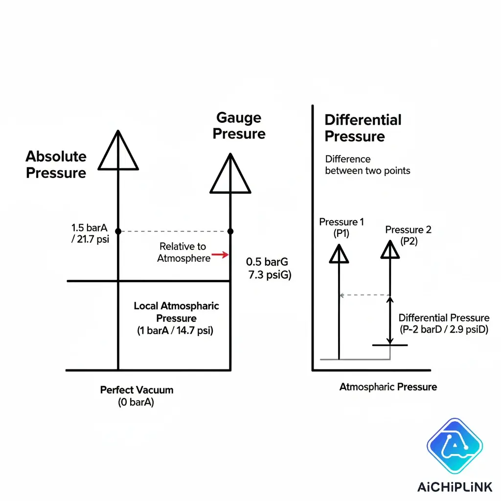 Diagram comparing absolute, gauge, and differential pressure measurement reference points.