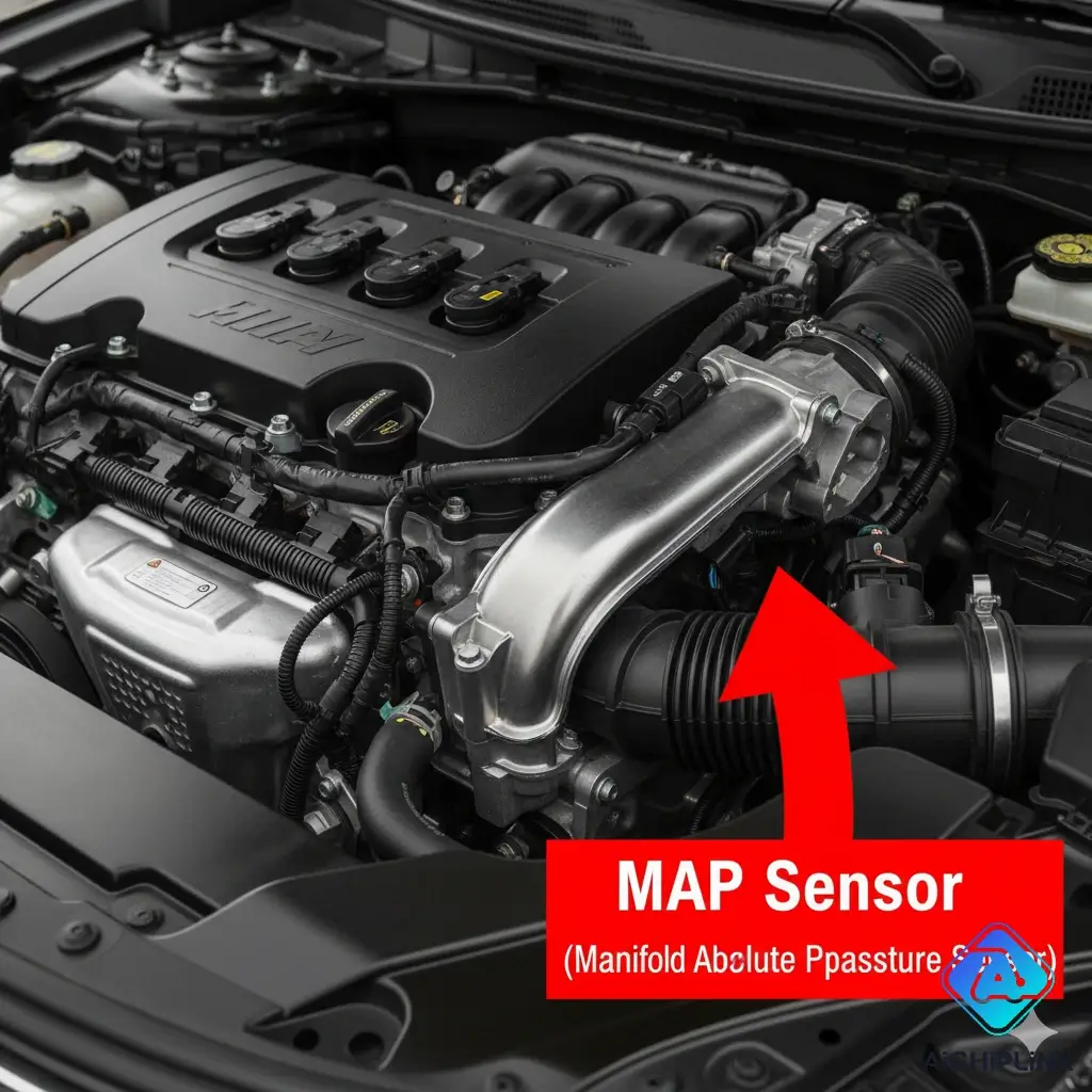 Diagram showing the common location of a MAP sensor on an engine's intake manifold.