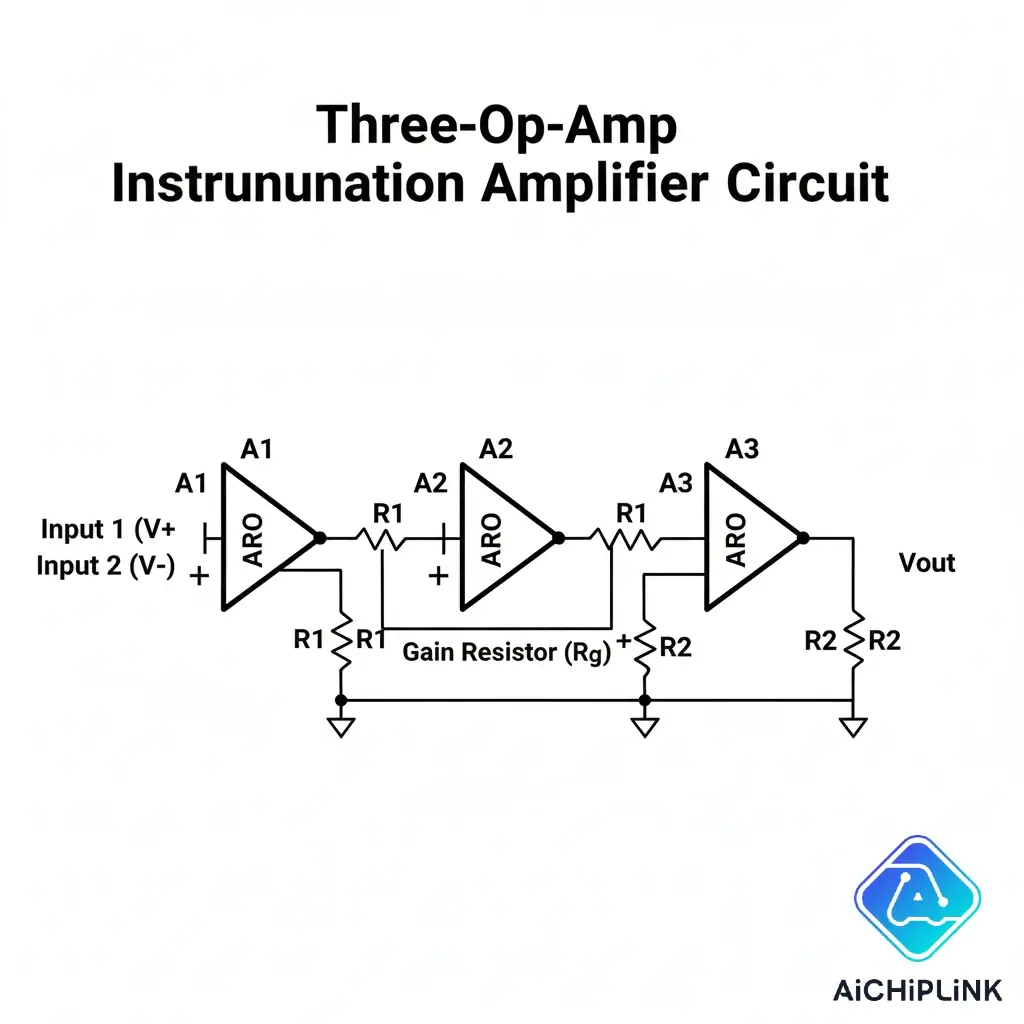 Circuit schematic of the three op-amp instrumentation amplifier.