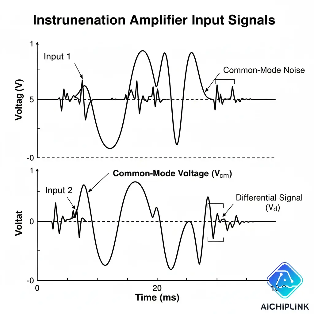Waveform diagram illustrating a small differential signal buried within a large common-mode noise signal.
