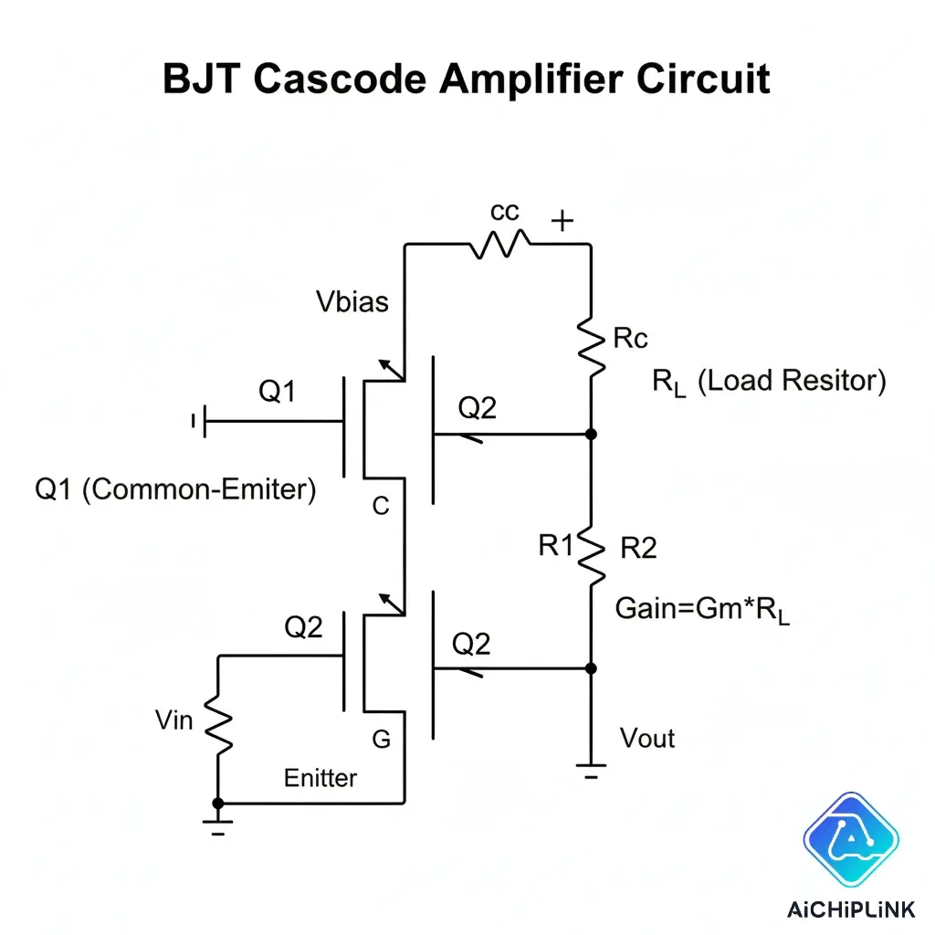 Circuit diagram of a BJT cascode amplifier showing the common-emitter (Q1) and common-base (Q2) stages.