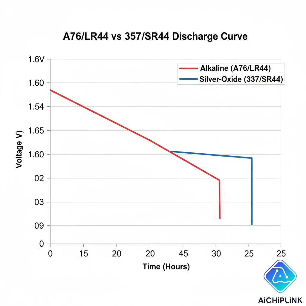 Graph comparing the voltage discharge curves of A76 (Alkaline) and 357 (Silver-Oxide) batteries, illustrating the stable voltage of silver-oxide.