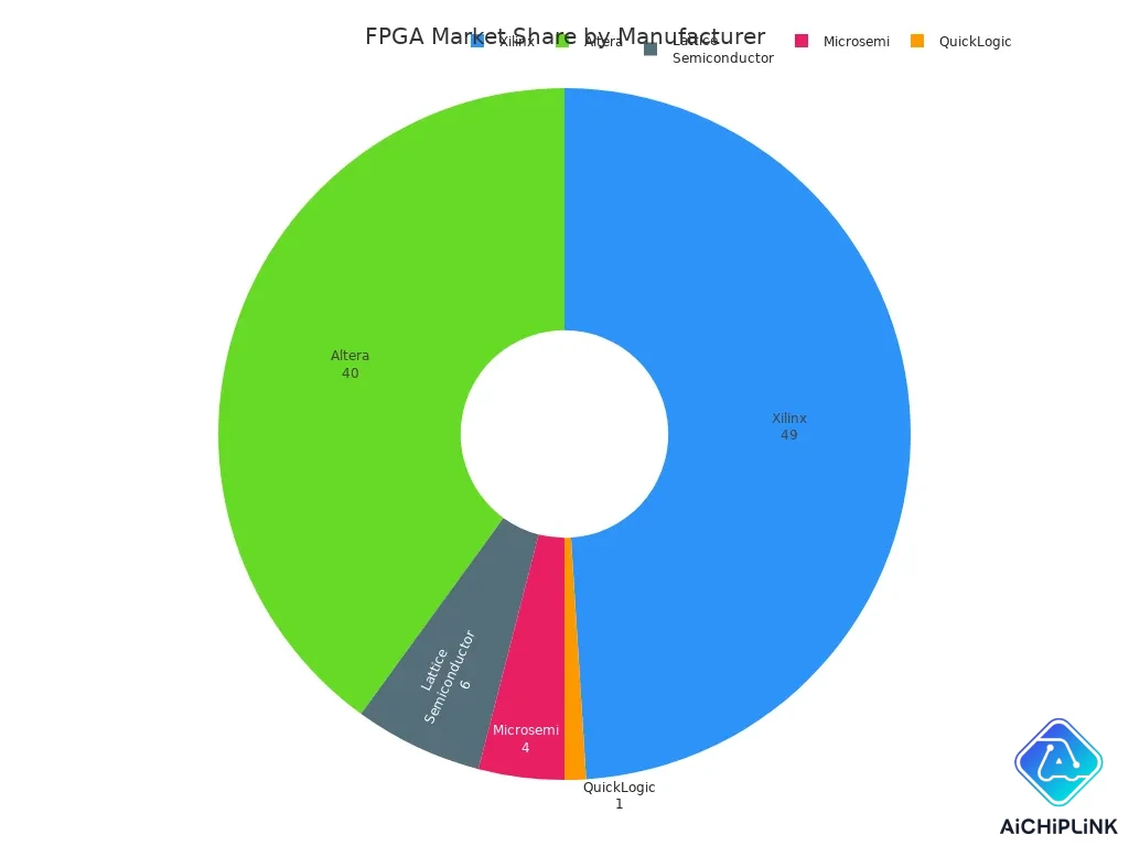 Pie chart showing FPGA market share for Xilinx, Altera, Lattice Semiconductor, Microsemi, and QuickLogic