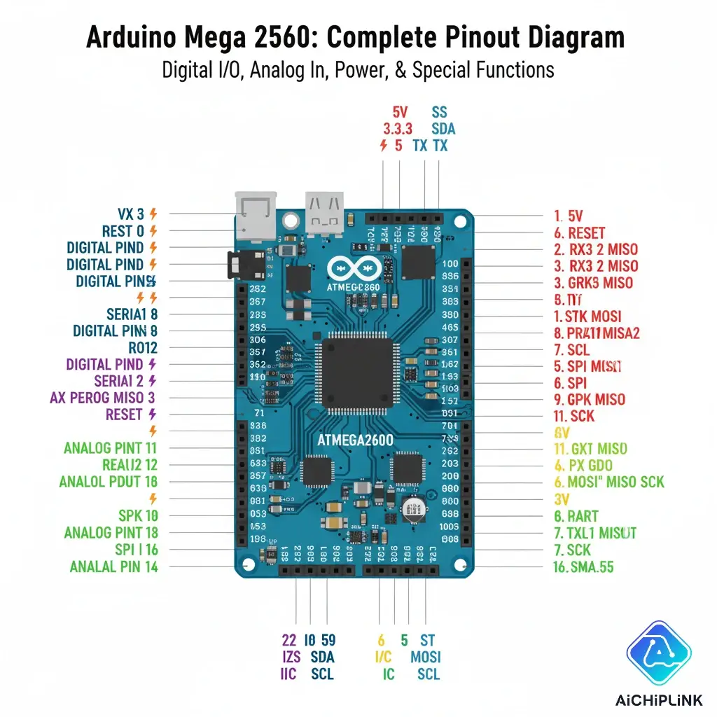 Complete pinout diagram for the Arduino Mega 2560, showing all digital, analog, and power pins.