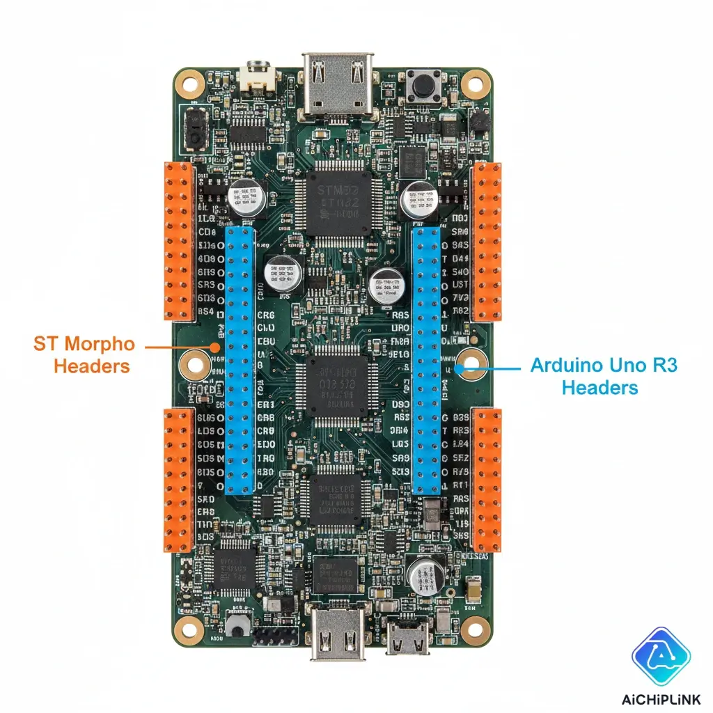 Pinout diagram of an STM32 Nucleo-64 board showing the location of the Arduino Uno R3 and ST Morpho headers.