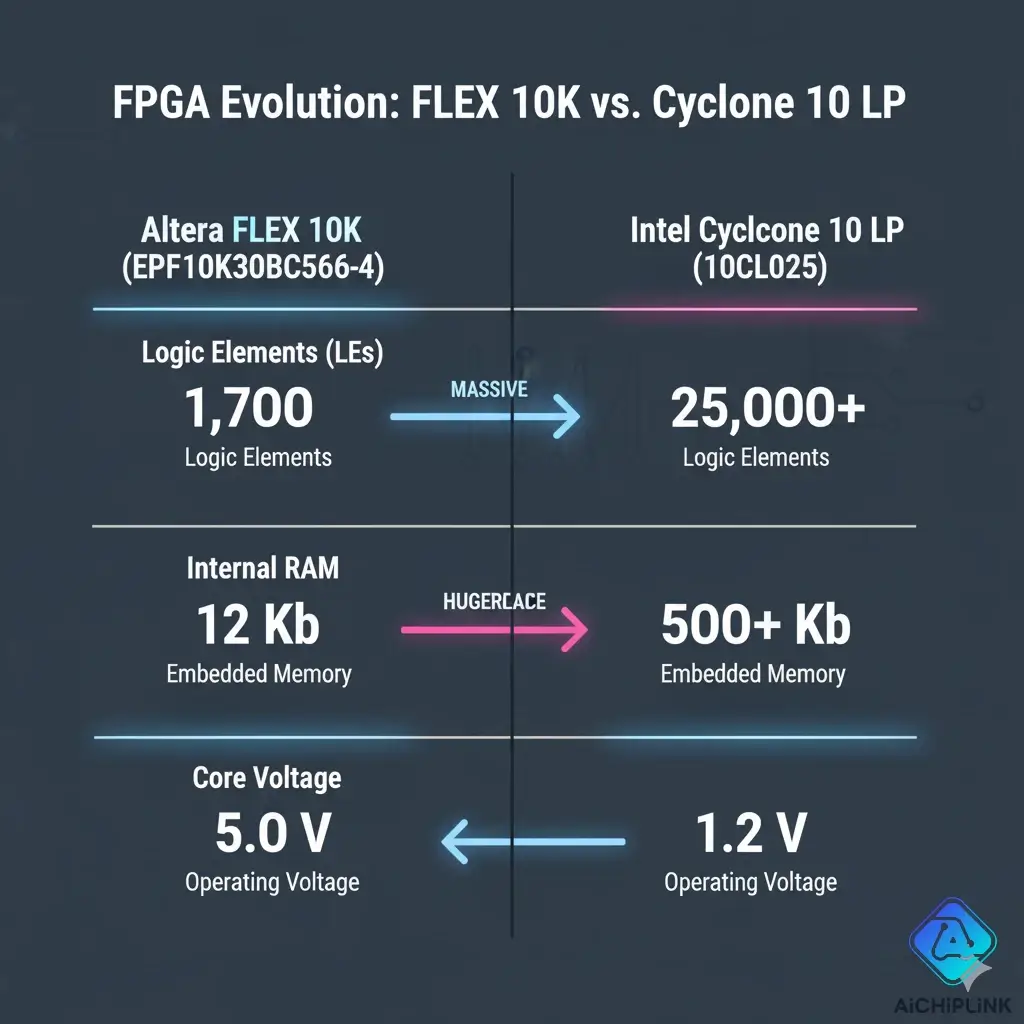 Infographic comparing FLEX 10K CPLD to a modern Cyclone 10 FPGA, showing massive performance and efficiency gains.