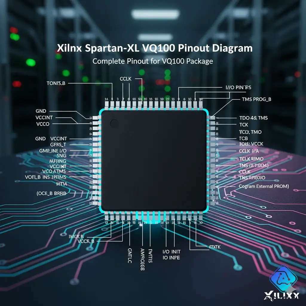 XCS10XL-4VQ100C pinout diagram for the VQ100 package, showing all 100 pins.