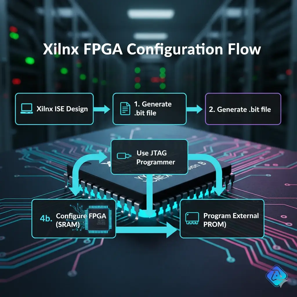 Infographic showing the programming workflow for the SRAM-based XCS10XL FPGA.