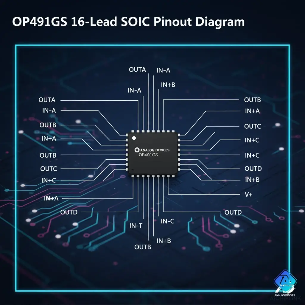 OP491GS pinout diagram for the 16-lead SOIC package (OP491GSZ or OP491GS), showing all 16 pins.