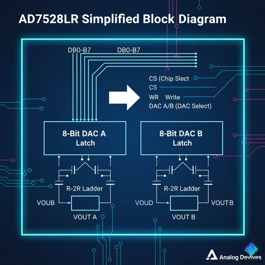 AD7528LR block diagram showing the shared 8-bit bus and two independent 8-bit DACs.