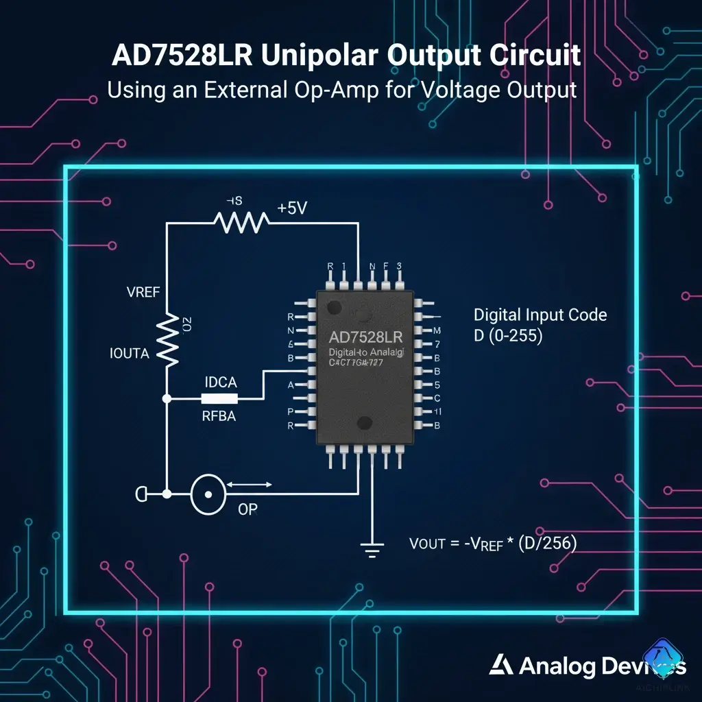 AD7528LR unipolar operation circuit schematic with an external op-amp.