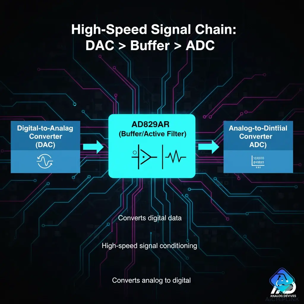 Infographic showing the AD829AR as a key component in a high-speed data acquisition signal chain..