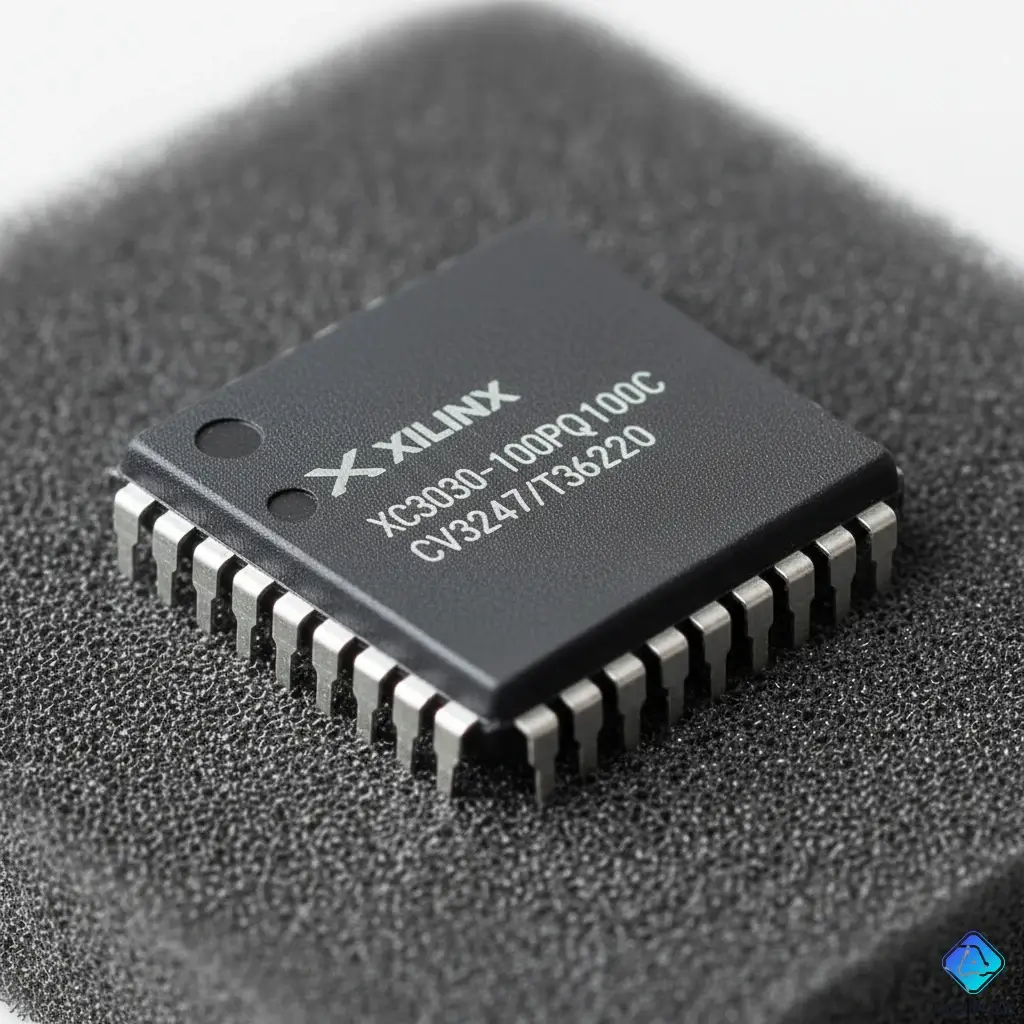 The XC3030-100PQ100C legacy FPGA, showing its 100-pin PQFP package.