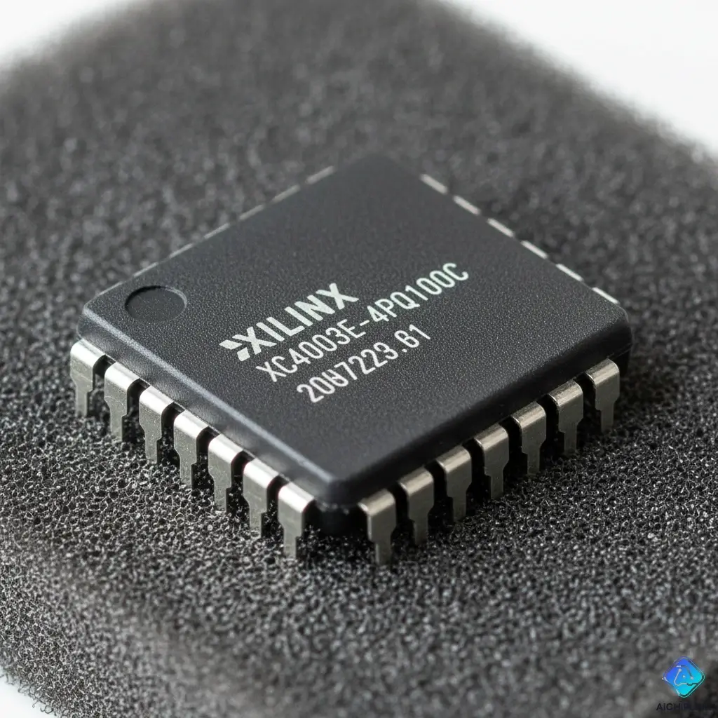 The XC4003E-4PQ100C legacy FPGA, showing its 100-pin PQFP package.