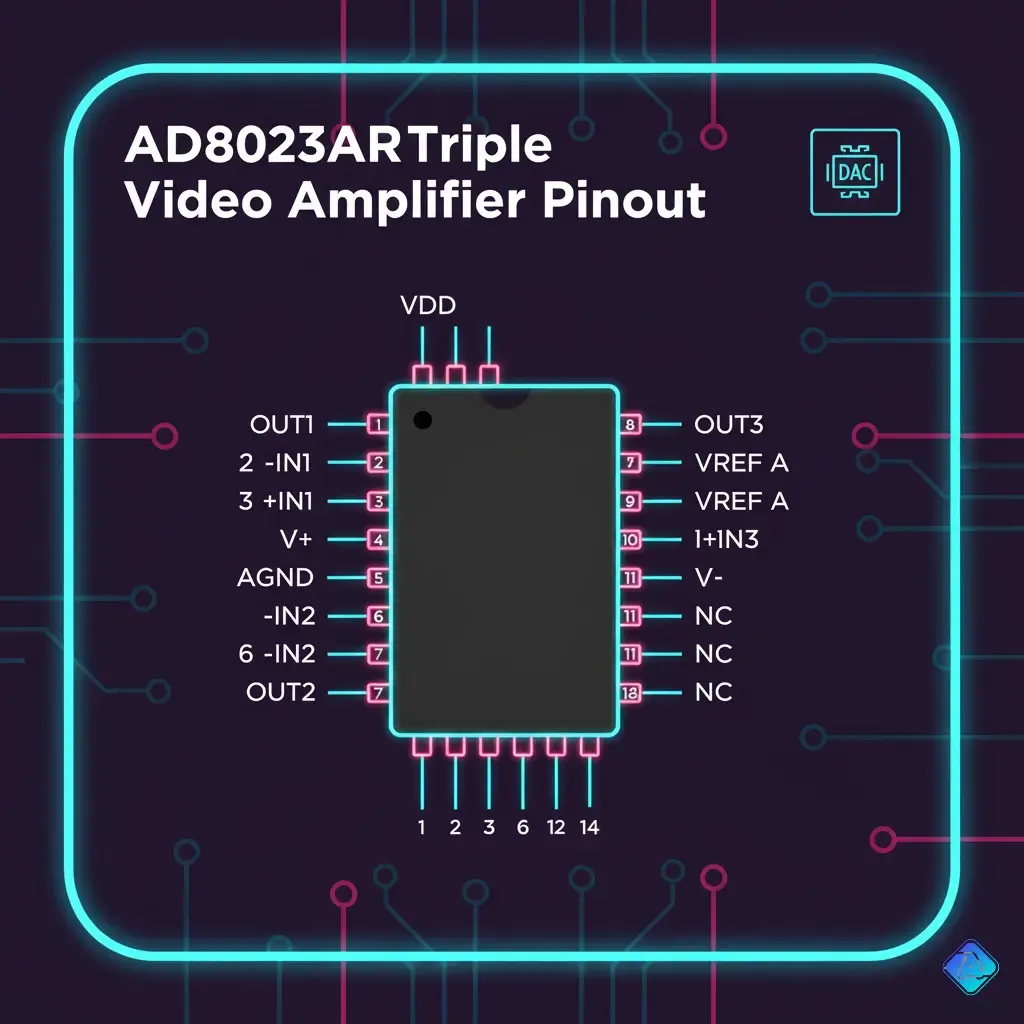 Pinout diagram of the AD8023AR Triple Video Amplifier in 14-lead SOIC package.