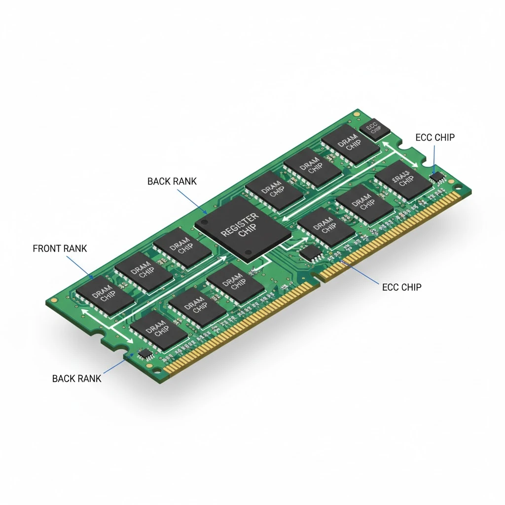 Registered DIMM architecture diagram showing register buffer, eight DRAM chips, and ECC chip configuration