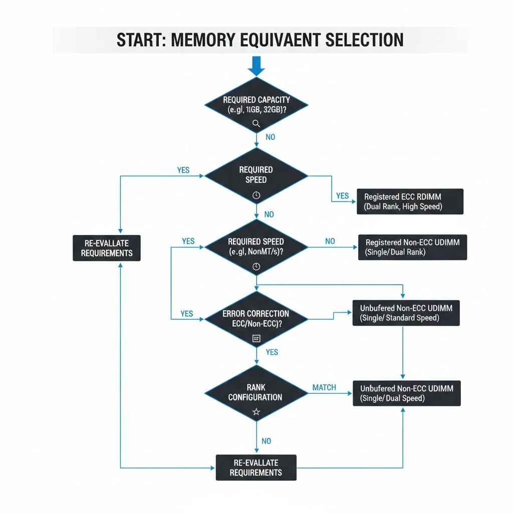 Decision flowchart for selecting MTA18ASF2G72PZ-3G2R1 equivalent memory modules based on technical specifications