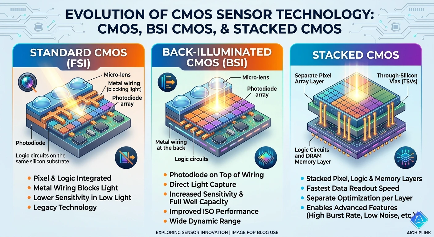 CMOS, BSI CMOS, and Stacked CMOS