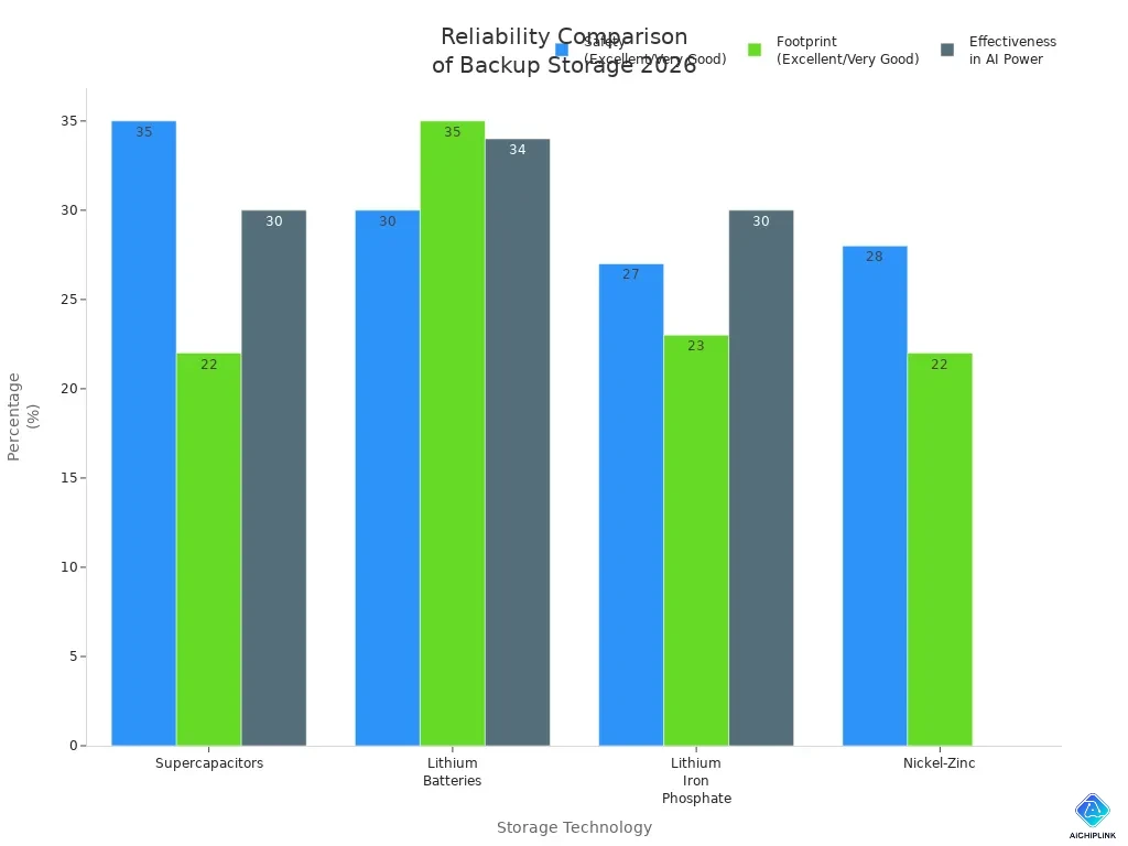 Grouped bar chart comparing reliability metrics of supercapacitors, lithium batteries, lithium iron phosphate, and nickel-zinc in 2026