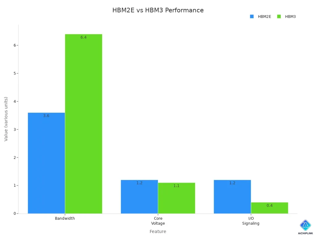 Bar chart comparing HBM2E and HBM3 features