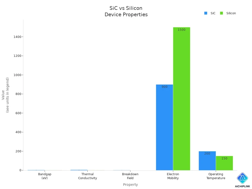 Grouped bar chart comparing SiC and silicon device properties