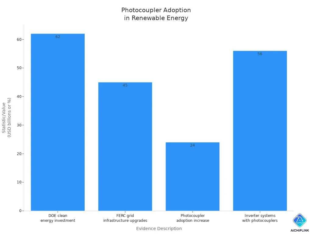 Bar chart comparing investment and adoption statistics for photocouplers in renewable energy systems