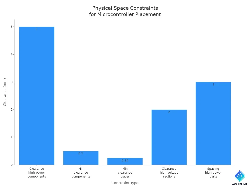 Bar chart showing standard physical space constraints for microcontroller placement in automotive ECUs